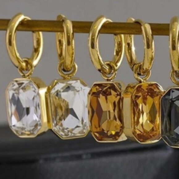 Rectangular Cubic Zirconia Hoop Earrings Gold PVD Stainless Steel - Picture 2 of 6